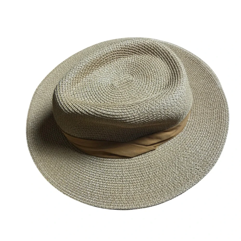 Furtalk Tan Straw Fedora Sun Hat Wide Brim M Summer Beach Resort Chic Coastal
